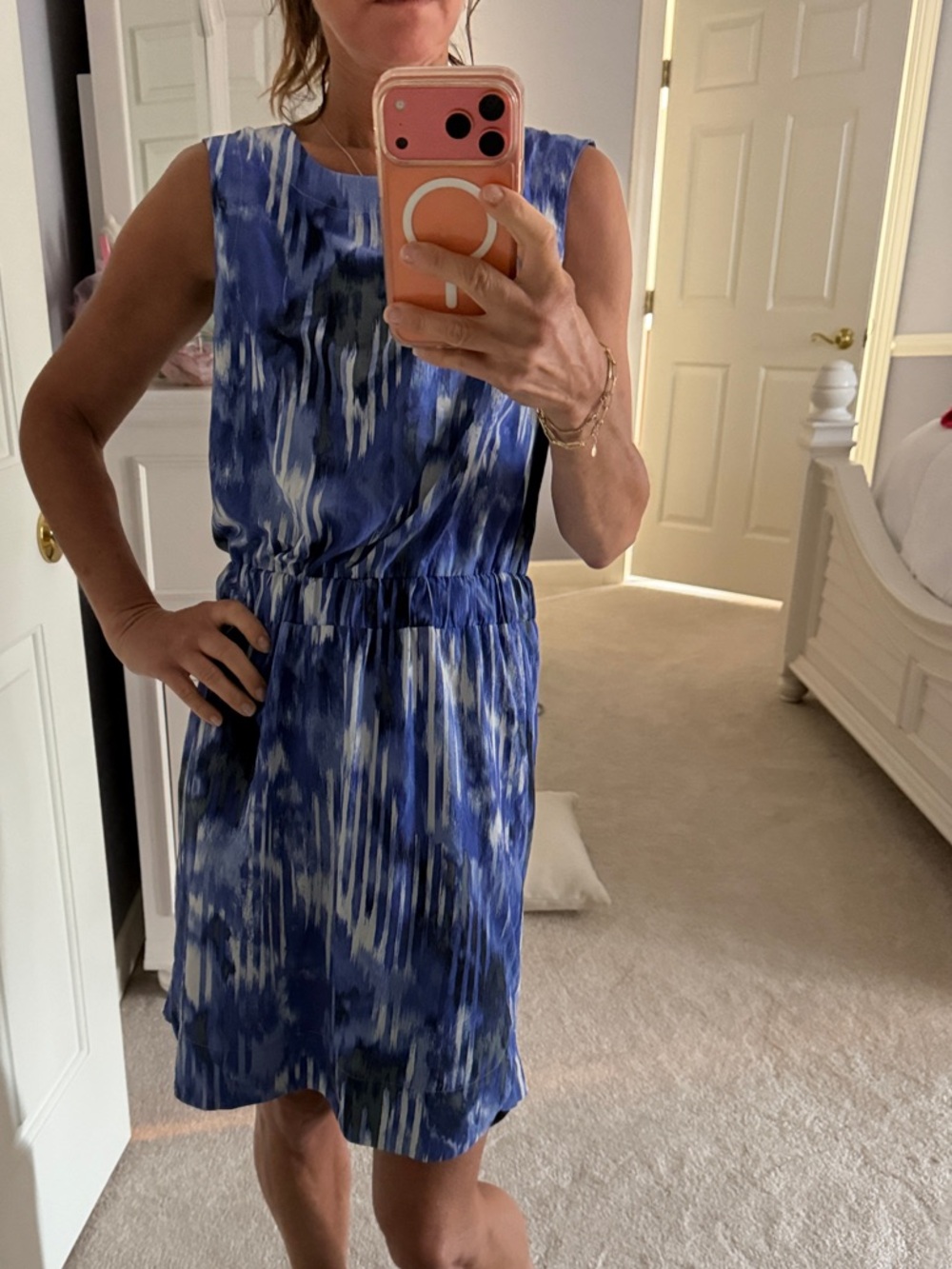 Athleta Blue Printed Sleeveless Elastic-Waist Mini Dress